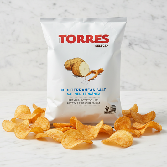 Torres Selecta Mediterranean Salt potato chips packaging on a white background