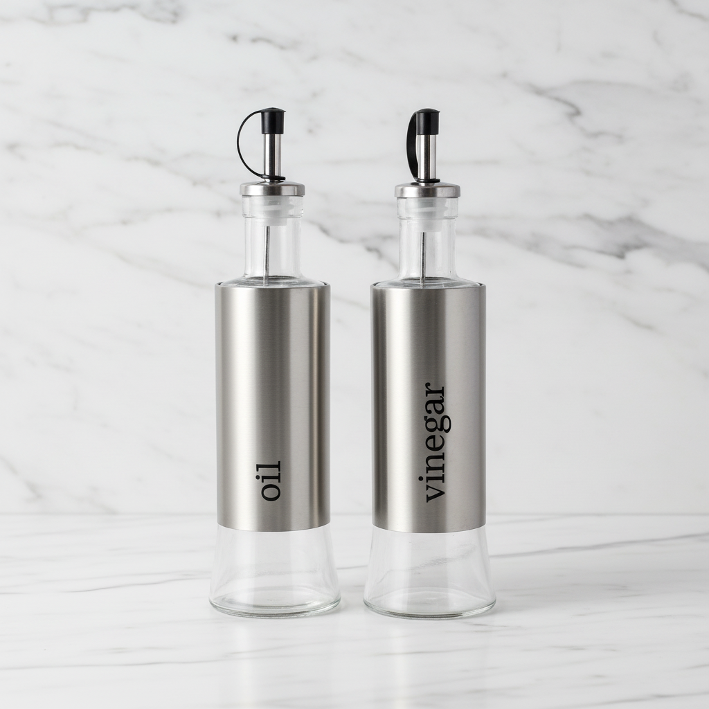 Two glass cruets with stainless steel spouts and caps, one labeled 'Olive Oil' and the other 'Vinegar', on a white background.