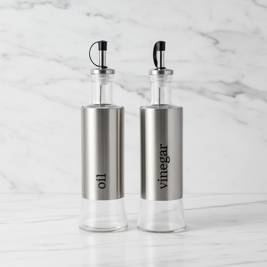 Two glass cruets with stainless steel spouts and caps, one labeled 'Olive Oil' and the other 'Vinegar', on a white background.