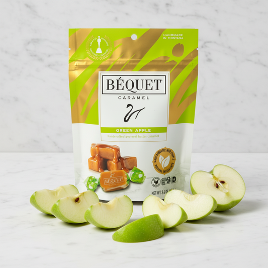 Béquet caramel green apple packaging on a white background
