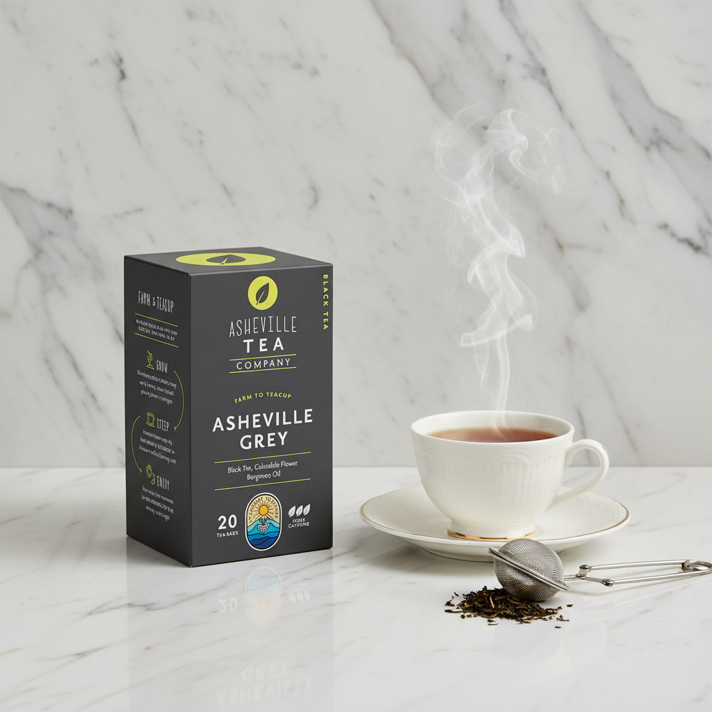 Asheville Tea Company Asheville Grey tea packaging on a white background