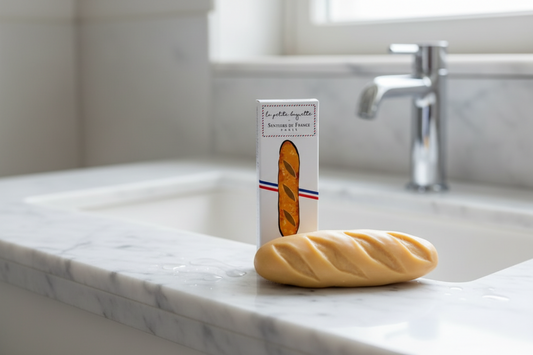 A realistic baguette shaped soap with golden-brown crust, shown in front of its white packaging box with French text and a photo of a real baguette.