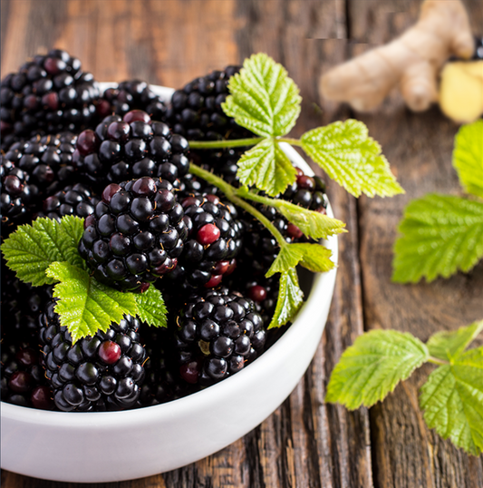 A bowl of blackberries with leaves on top, indicating the product is a balsamic vinegar flavored with blackberry and ginger.