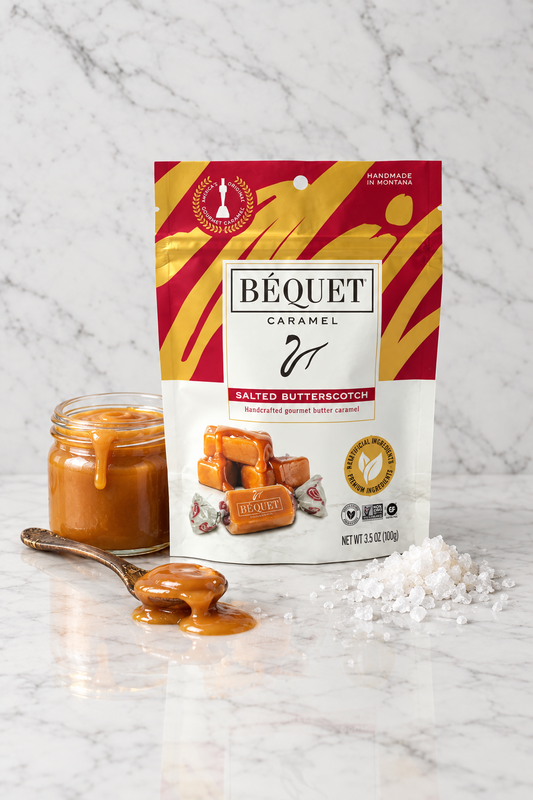 Béquet caramel package with red and gold design on a white background