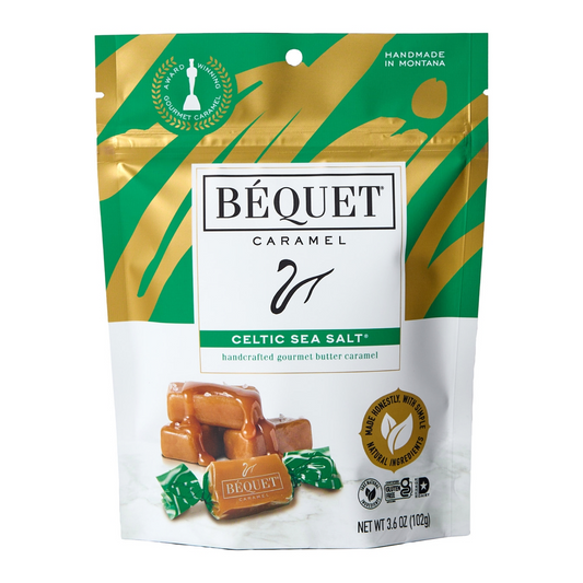 Béquet caramel package with green and gold design on a white background