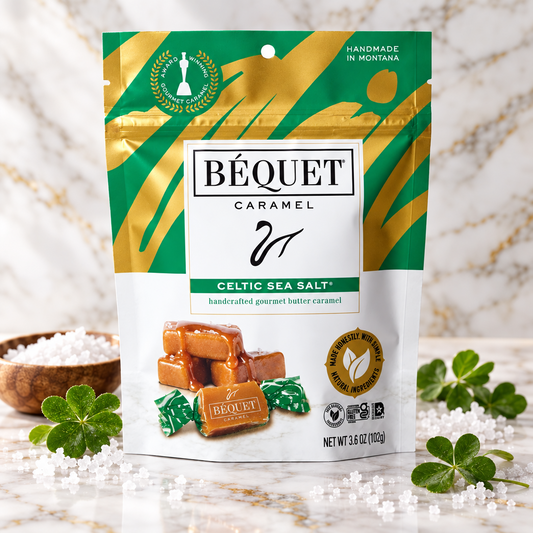Béquet caramel package with green and gold design on a white background