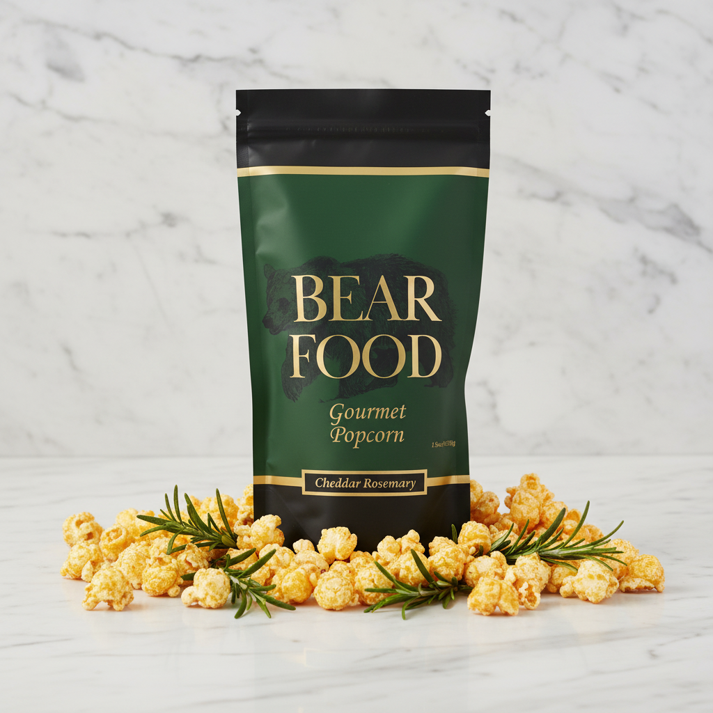 Green and black bag of Bear Food Gourmet Popcorn with bear illustration on a white background