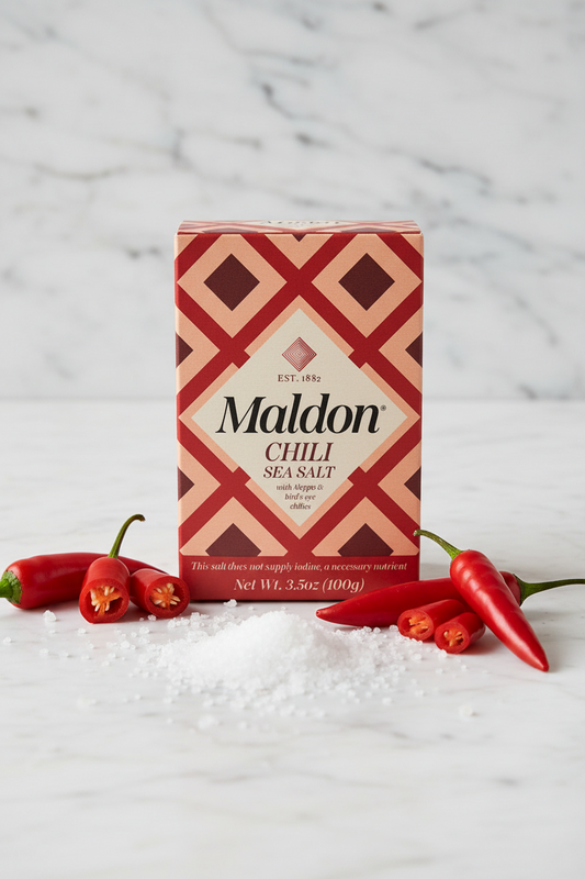 Maldon Chili Sea Salt box packaging, featuring a red and beige geometric diamond pattern with the brand name 'Maldon' in black text on a cream-colored central label.