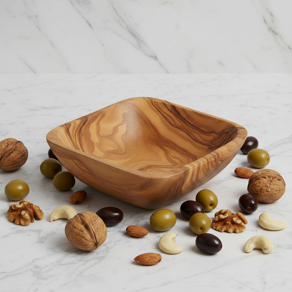 A square-shaped, olive wood dipping dish with a natural grain pattern.