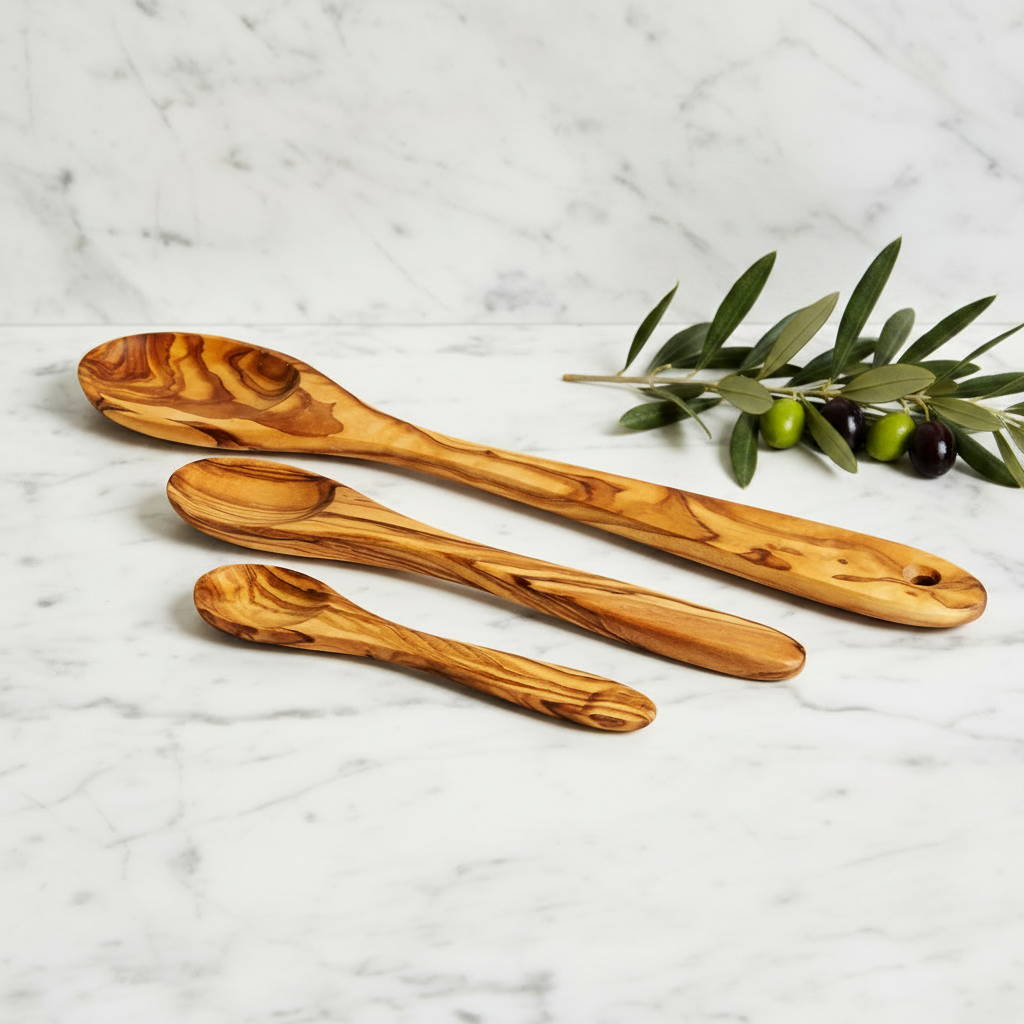 Three wooden spoons on a white background