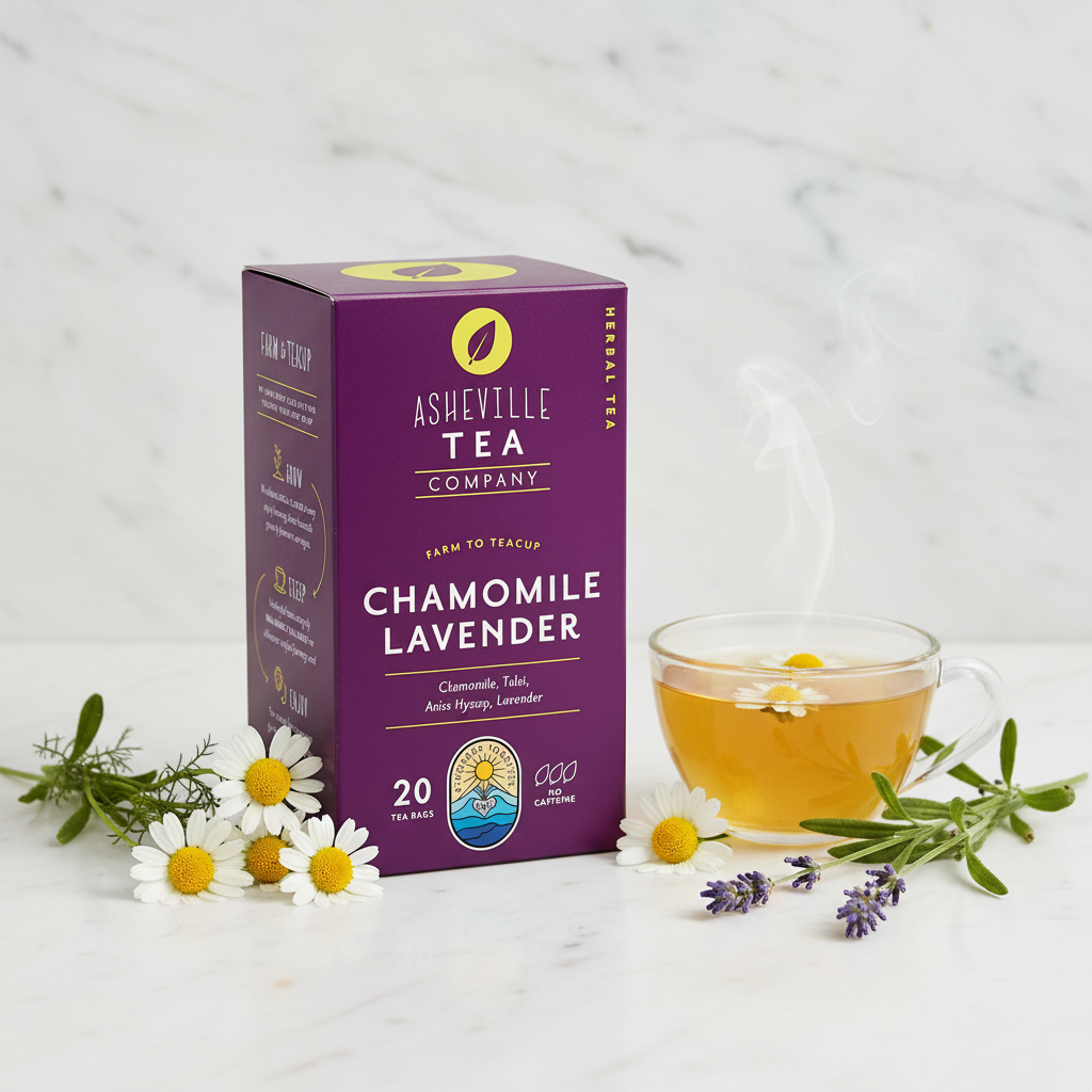 A box of Asheville Tea Company Chamomile Lavender herbal tea, shown at a three-quarter angle on a clean white background.