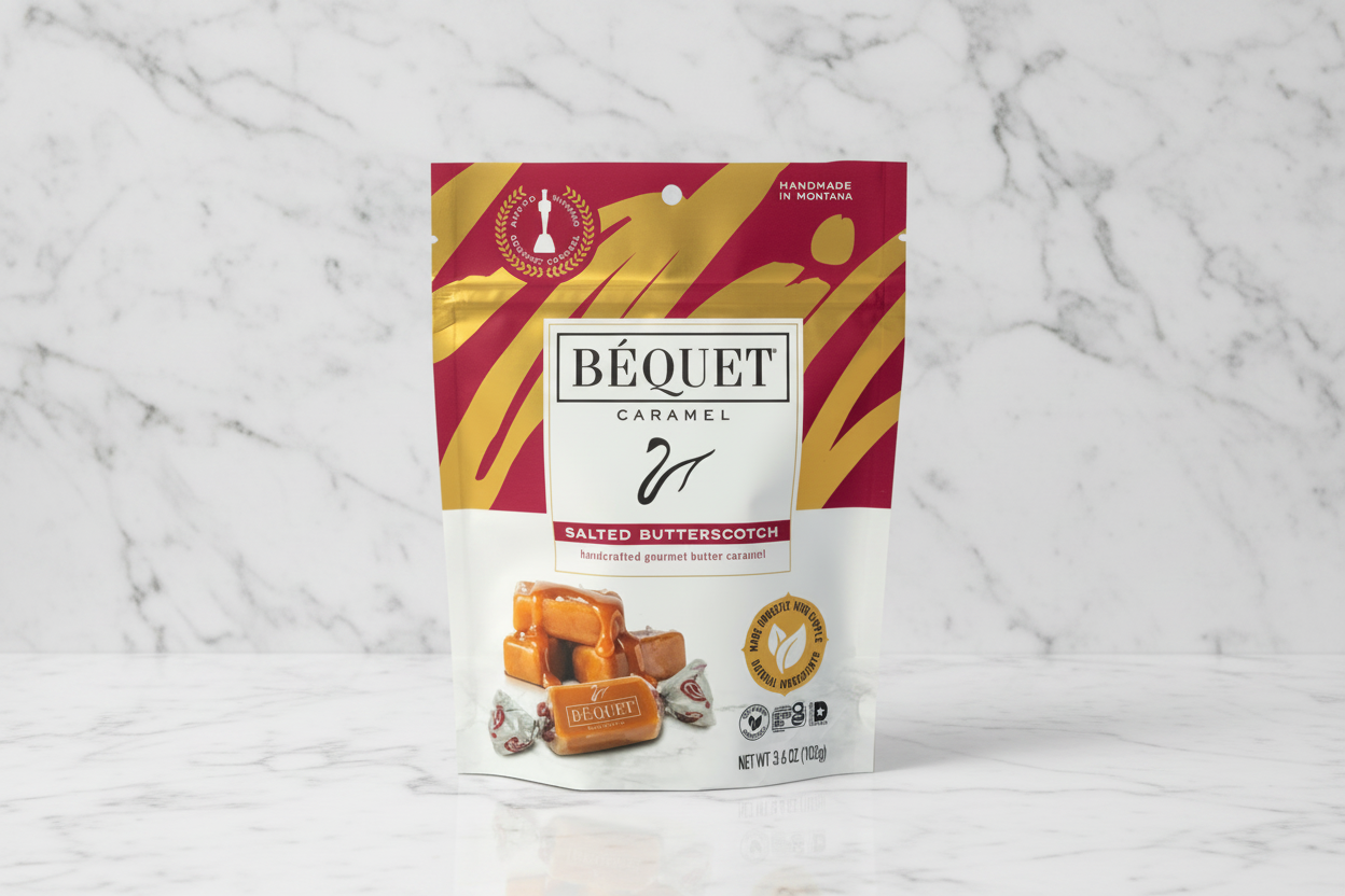 Béquet caramel package with red and gold design on a white background