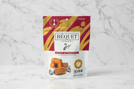 Béquet caramel package with red and gold design on a white background