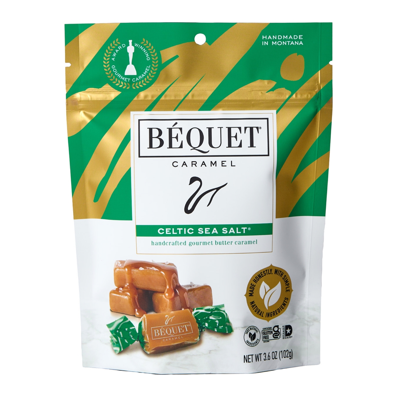 Béquet caramel package with green and gold design on a white background