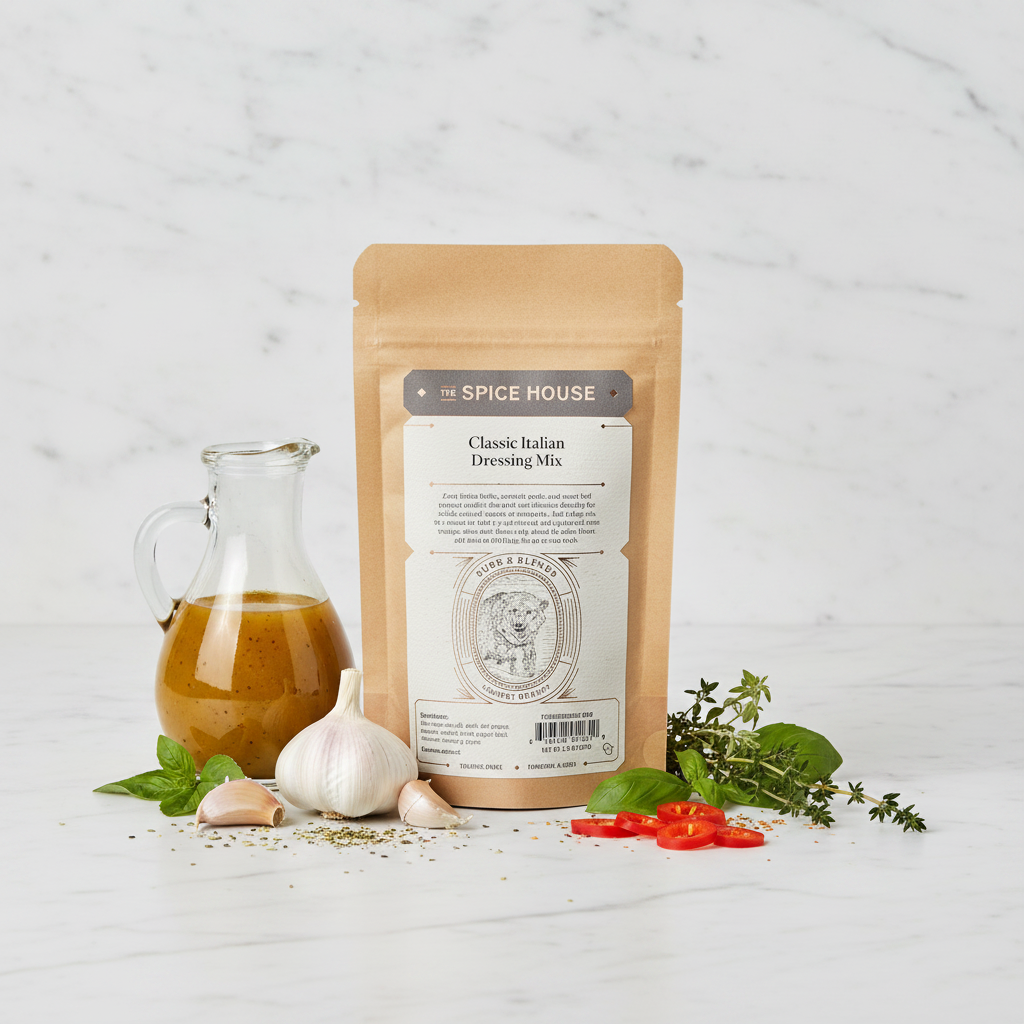 A brown kraft paper stand-up pouch of Spice House Classic Italian Dressing Mix, centered against a light gray background.