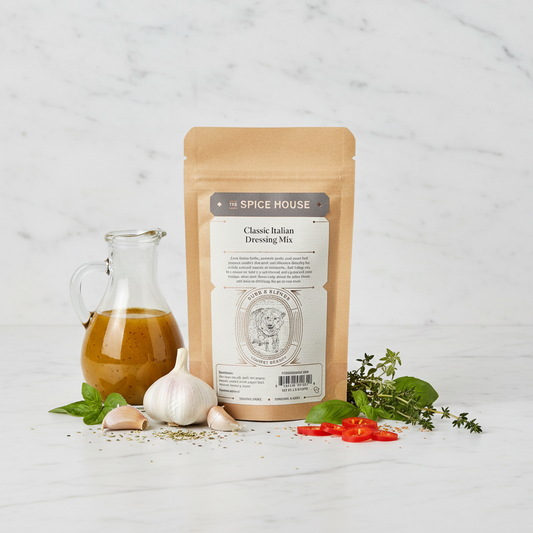 A brown kraft paper stand-up pouch of Spice House Classic Italian Dressing Mix, centered against a light gray background.