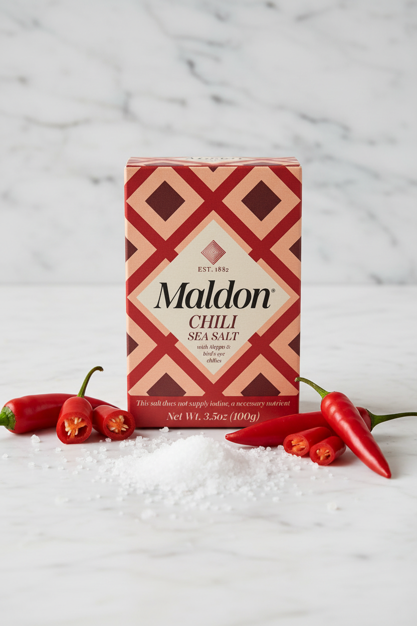 Maldon Chili Sea Salt box packaging, featuring a red and beige geometric diamond pattern with the brand name 'Maldon' in black text on a cream-colored central label.