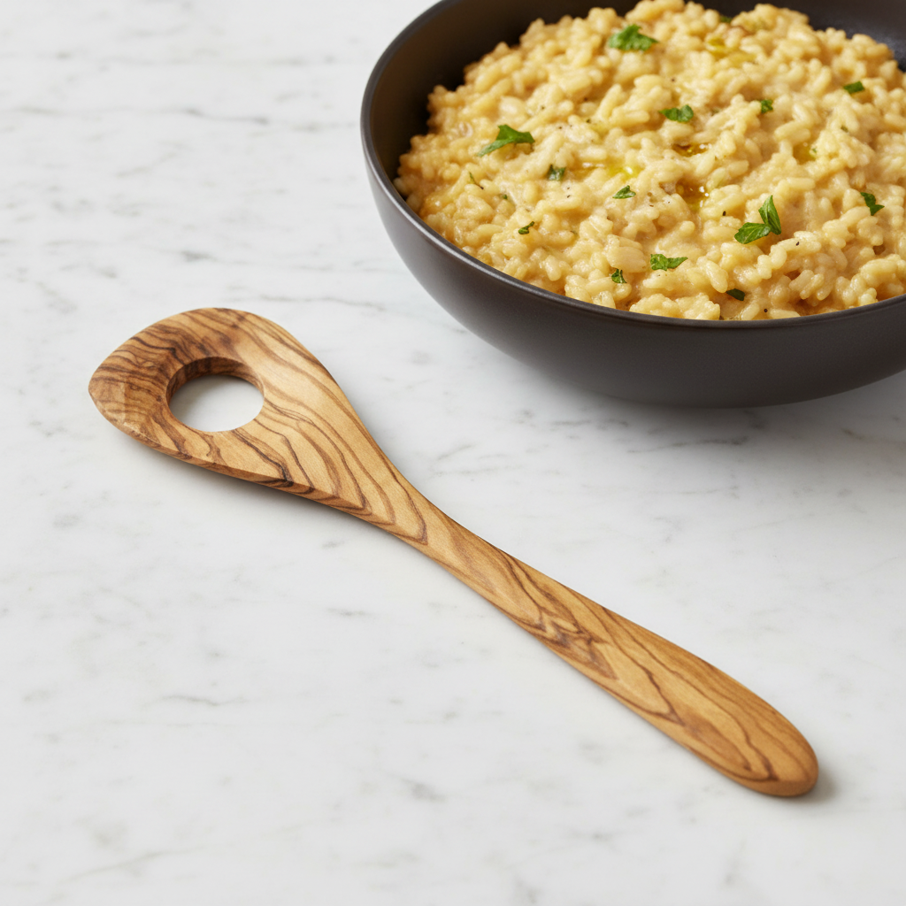A wooden spoon with a circular cutout in the bowl, featuring a natural olive wood grain pattern, shown on a plain white background.