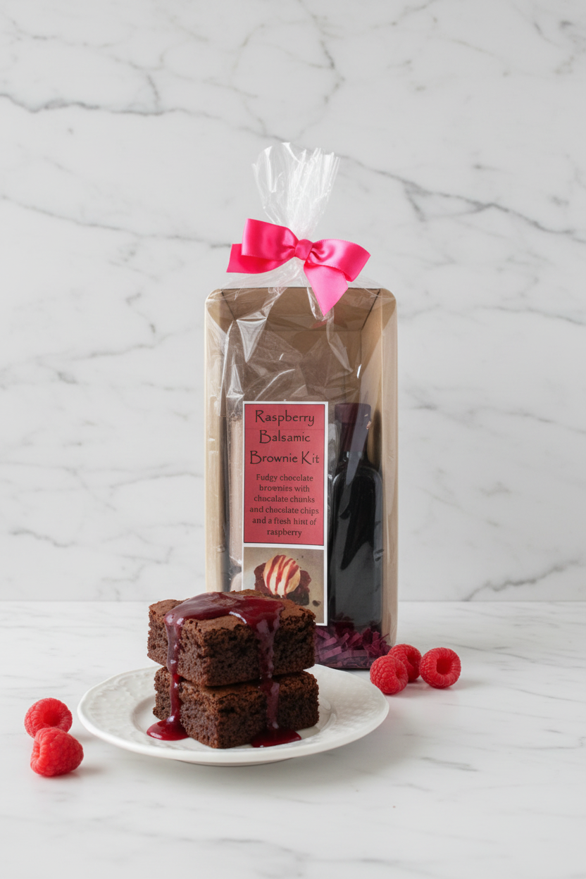 Raspberry Balsamic Brownie Kit in a clear plastic bag tied with a bright pink bow, sitting on a wooden surface against a gray wall. The kit includes a brownie, chocolate chips, chocolate chips, and a raspberry jam spread, wrapped in clear cellophane with a pink label.