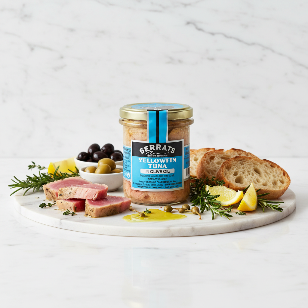 A glass jar of Serrats Yellowfin Tuna in Olive Oil, featuring a light blue and black label with a gold metal lid, set against a plain white background.