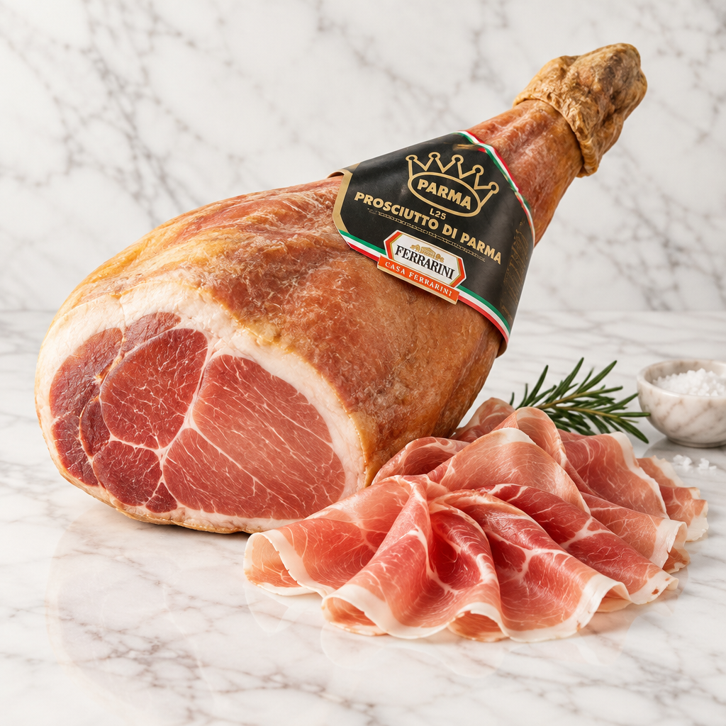 Packaged prosciutto with Ferrarini branding on a white background