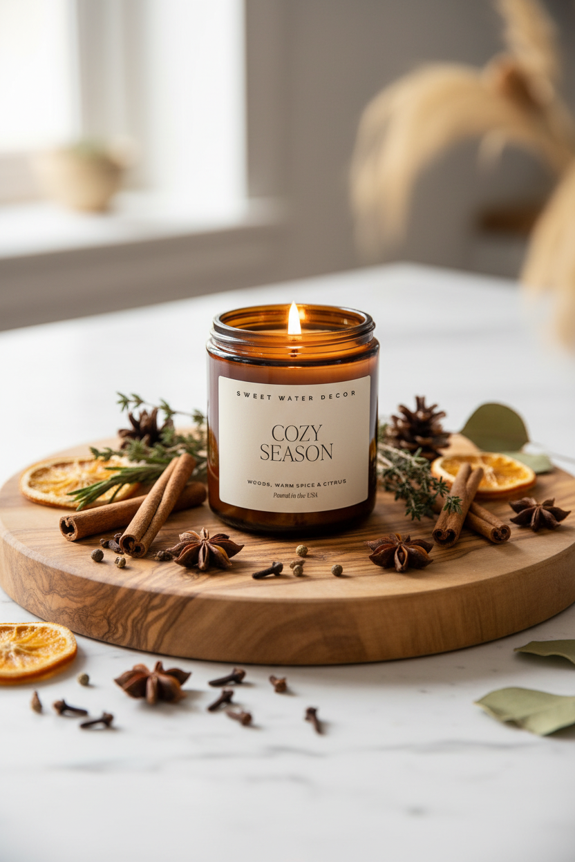 Candle in a brown jar with a label reading 'Sweet Water Decor Warm and Cozy' on a white background.