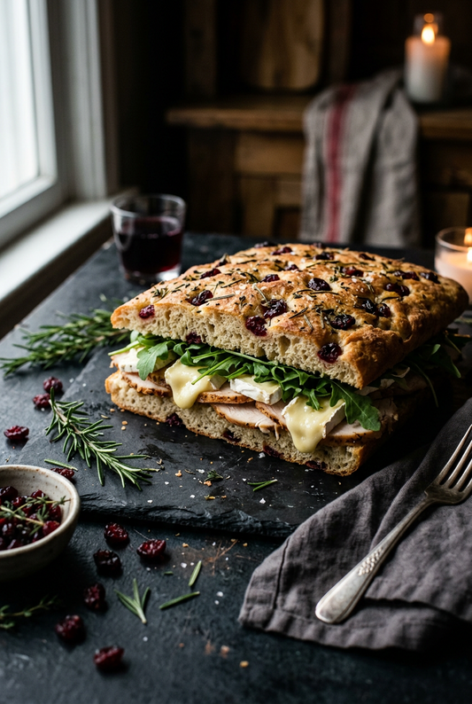 A rustic stuffed focaccia sandwich with cranberries, greens, and melted cheese, served on a dark slate board with a fork, rosemary, and a small bowl of cranberries in a dimly lit kitchen setting.