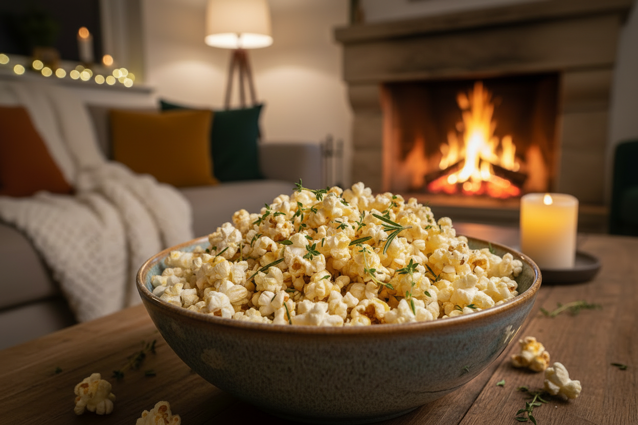 Bowl of popcorn on a wooden table with a blurred living room background
