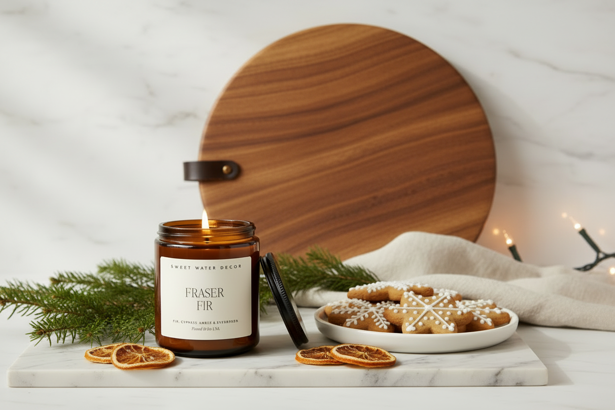 Candle in a brown jar with a label reading 'Sweet Water Decor Warm and Cozy' on a white background.