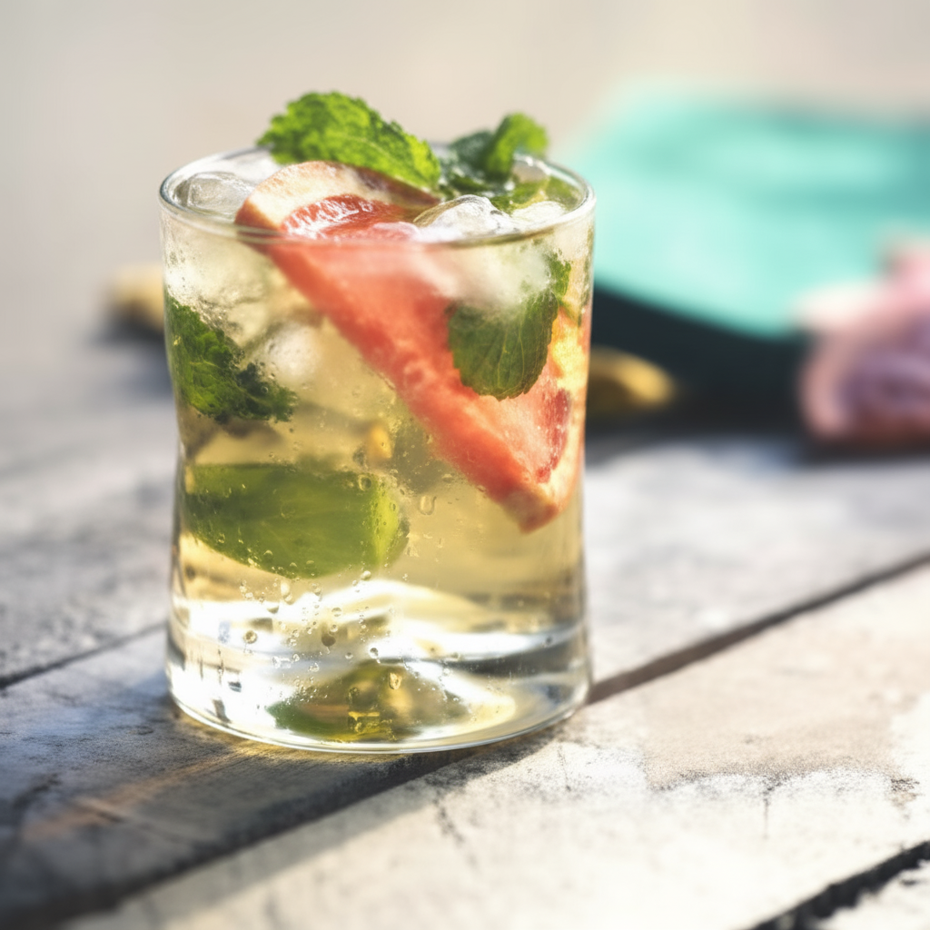 Clear glass with a drink and ice cubes on a wooden surface