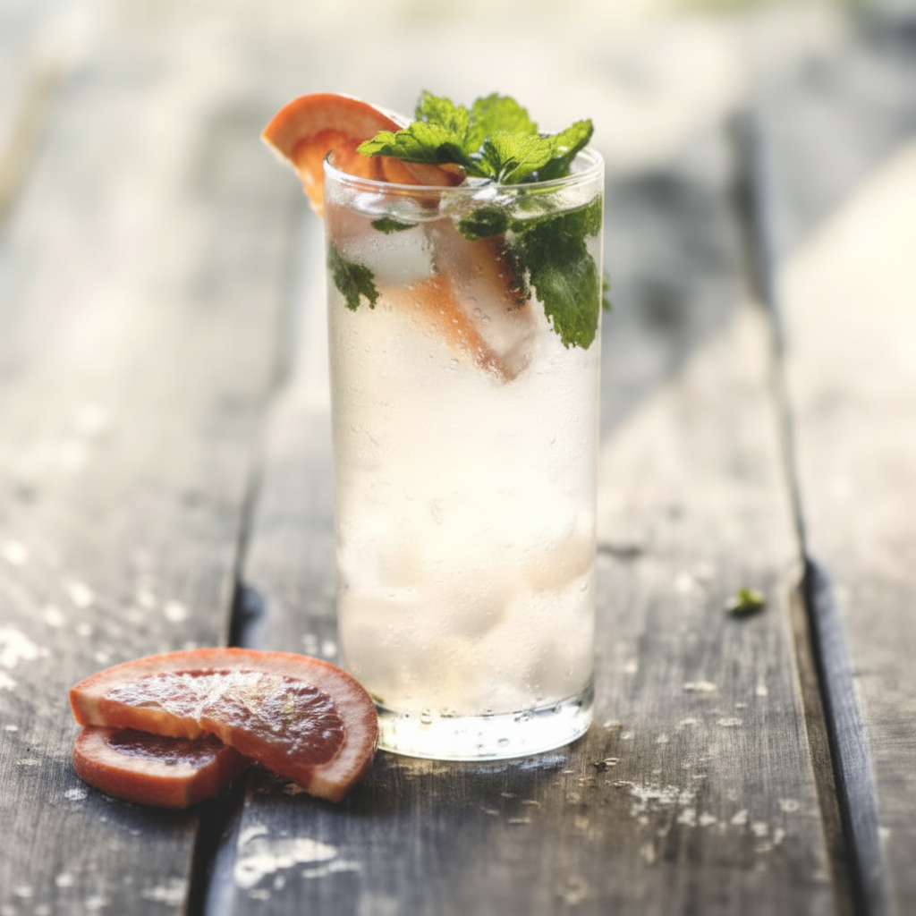 Refreshing drink with ice and garnishes on a wooden surface