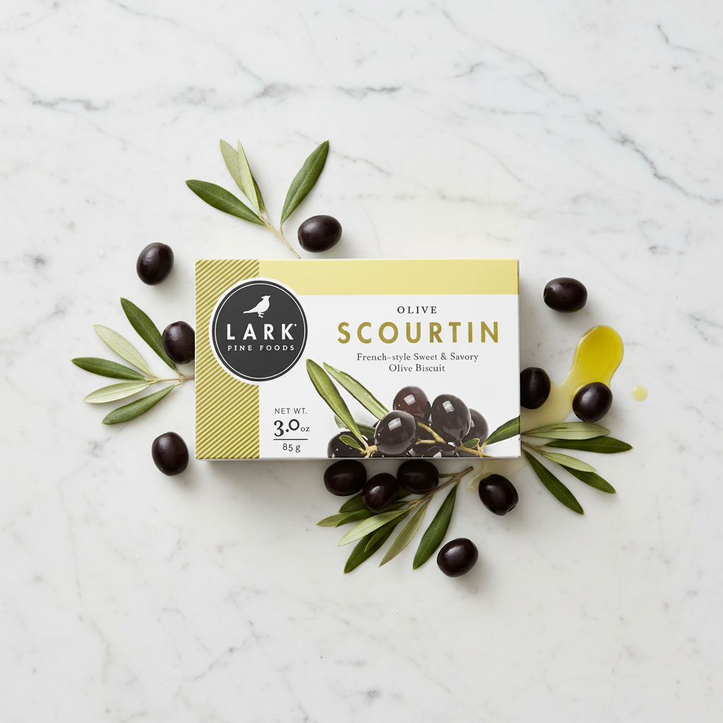 A rectangular box of Lark Fine Foods Olive Scourtin on a light gray background. The packaging is white with a yellow top band, a black circular logo, diagonal yellow stripes on the left, and an image of dark olives on the front.