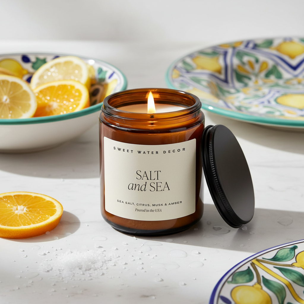 Candle in a brown jar with a label reading 'Sweet Water Decor Warm and Cozy' on a white background.