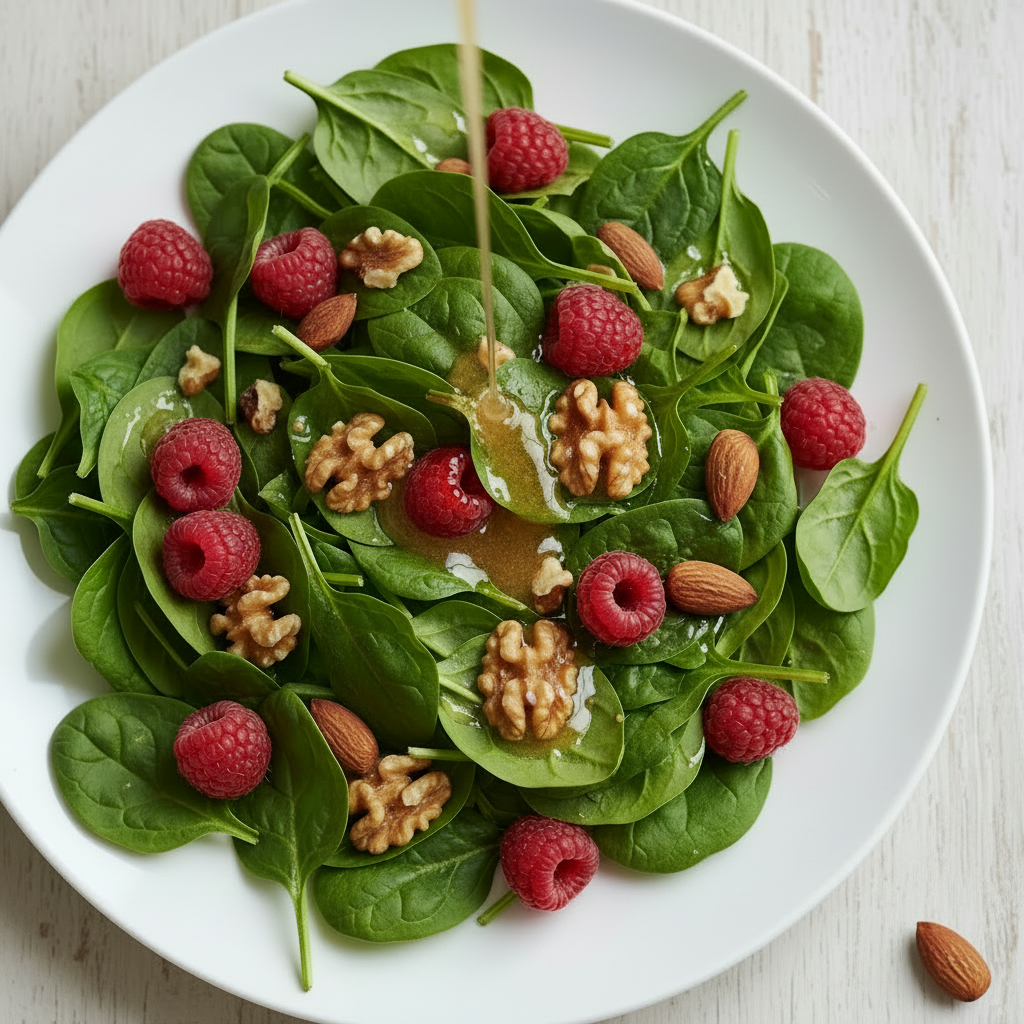 Spinach salad with raspberries and walnuts on a white plate