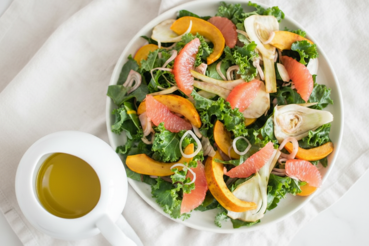 Colorful salad with vegetables and a dressing on a white plate